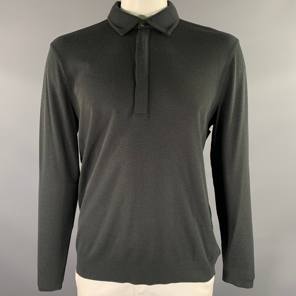 JOHN VARVATOS Size L Black Geometric Lyocel Cotton Long Sleeve Polo